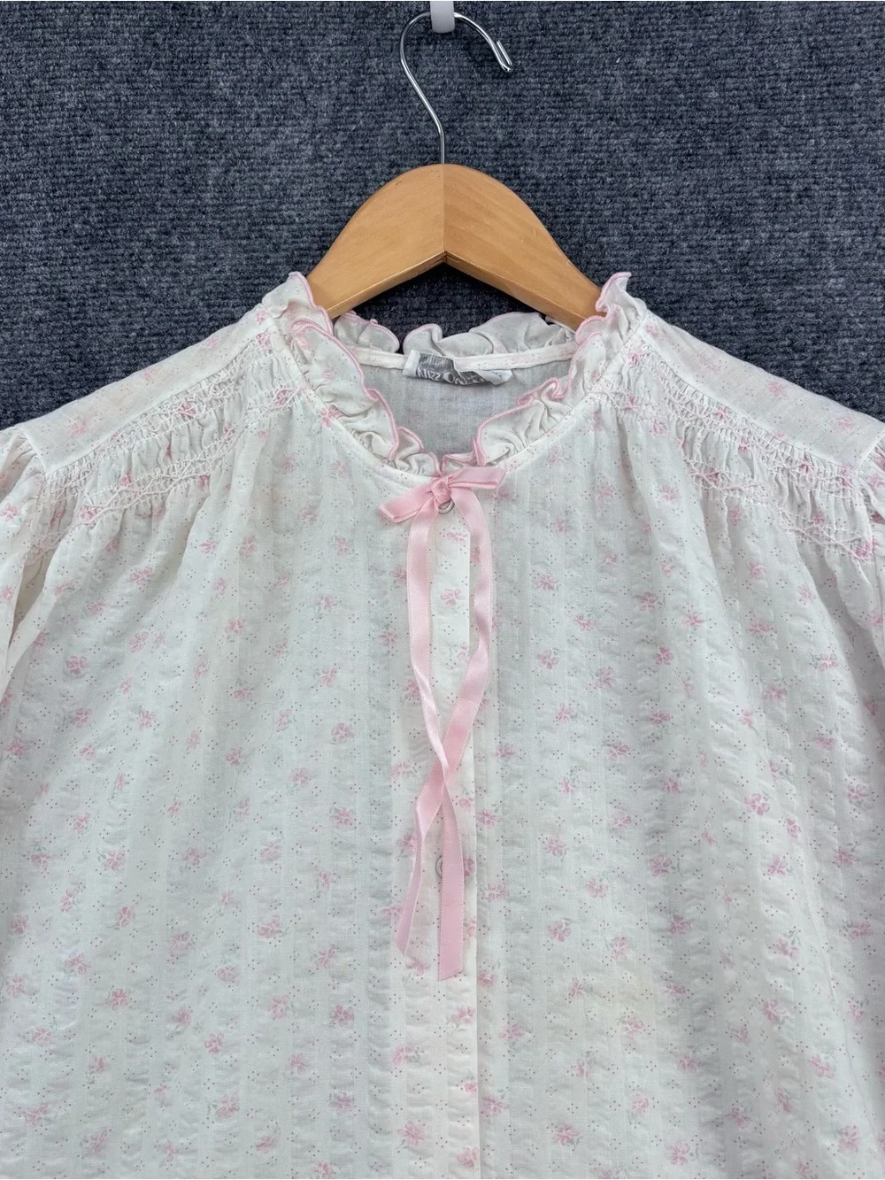 VTG Miss Elaine Grandmacore White Pink Floral Seersucker Nightgown Womens L